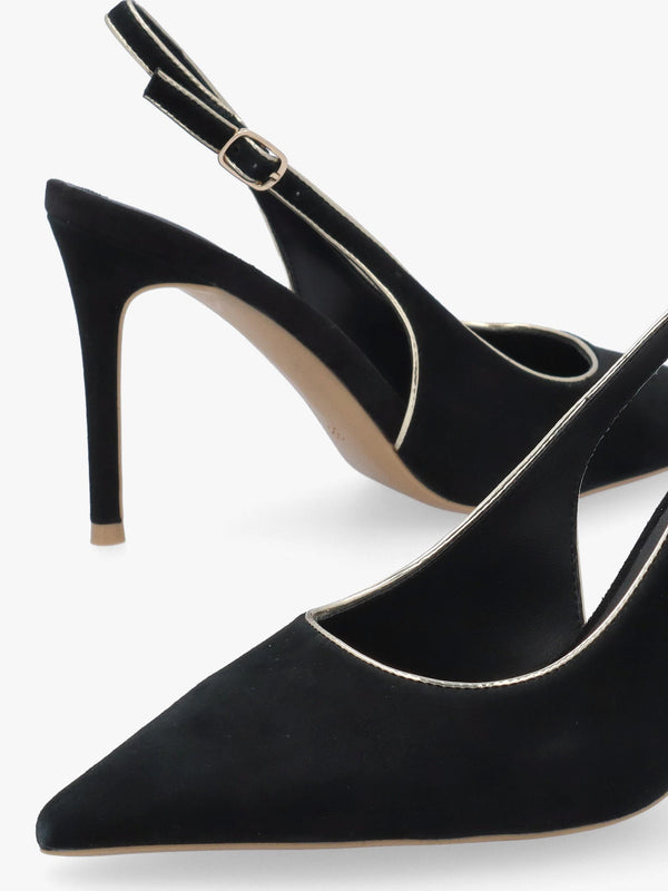 DANIEL Rejoice Black Suede Piped Trim Sling Back Heeled Court Shoes
