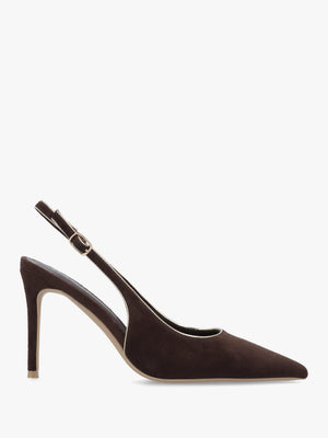 DANIEL Rejoice Brown Suede Piped Trim Sling Back Heeled Court Shoes