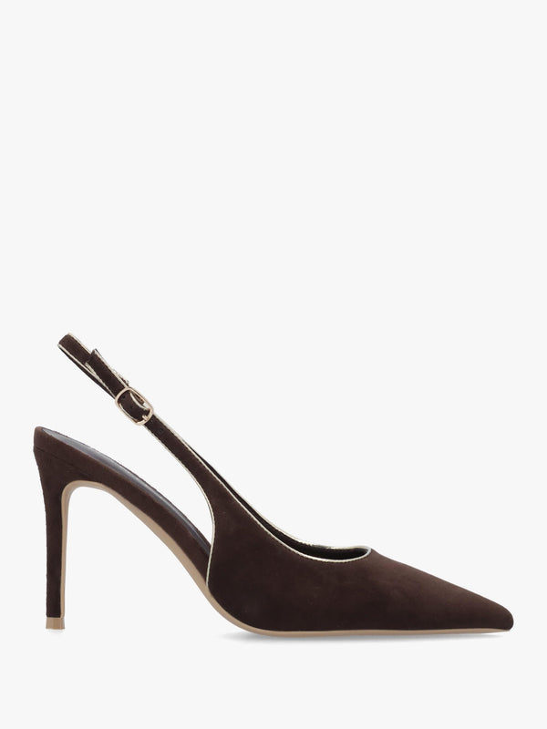 DANIEL Rejoice Brown Suede Piped Trim Sling Back Heeled Court Shoes