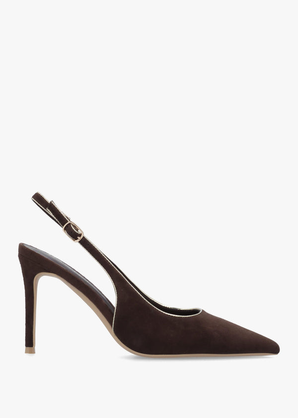 DANIEL Rejoice Brown Suede Piped Trim Sling Back Heeled Court Shoes