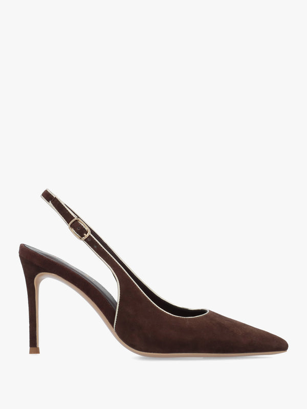 Rejoice Black Suede Piped Trim Sling Back Heeled Court Shoes