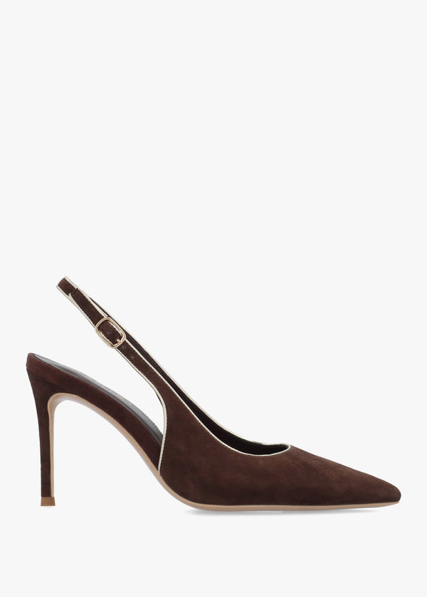 Rejoice Brown Suede Piped Trim Sling Back Heeled Court Shoes