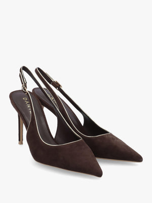 DANIEL Rejoice Brown Suede Piped Trim Sling Back Heeled Court Shoes