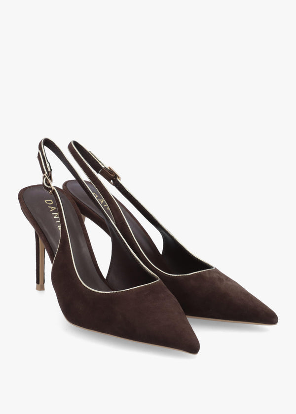 DANIEL Rejoice Brown Suede Piped Trim Sling Back Heeled Court Shoes