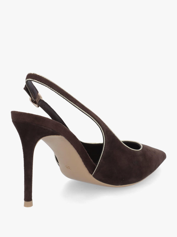 DANIEL Rejoice Brown Suede Piped Trim Sling Back Heeled Court Shoes