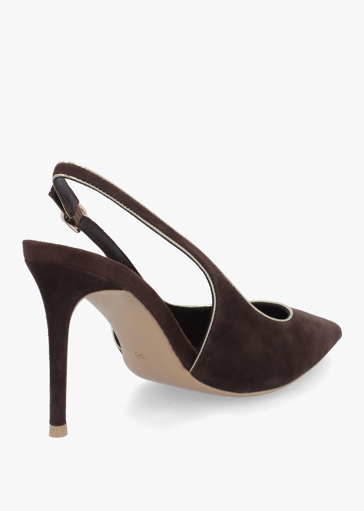 DANIEL Rejoice Brown Suede Piped Trim Sling Back Heeled Court Shoes