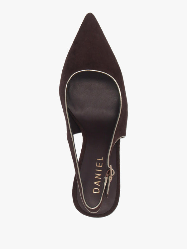 DANIEL Rejoice Brown Suede Piped Trim Sling Back Heeled Court Shoes