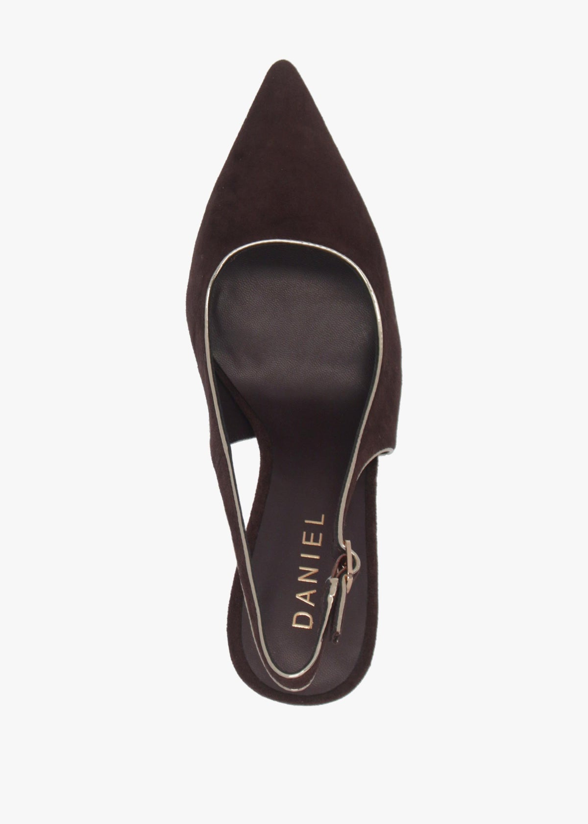 DANIEL Rejoice Brown Suede Piped Trim Sling Back Heeled Court Shoes