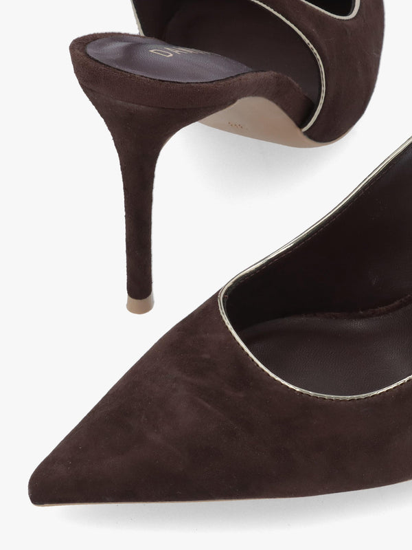 DANIEL Rejoice Brown Suede Piped Trim Sling Back Heeled Court Shoes