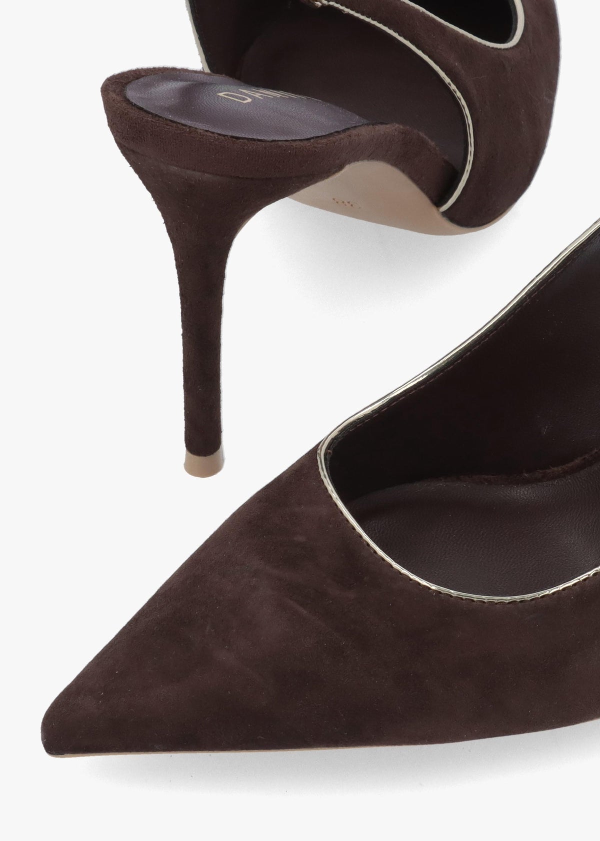 DANIEL Rejoice Brown Suede Piped Trim Sling Back Heeled Court Shoes