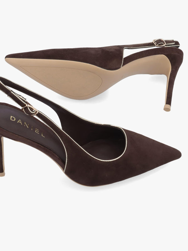 DANIEL Rejoice Brown Suede Piped Trim Sling Back Heeled Court Shoes