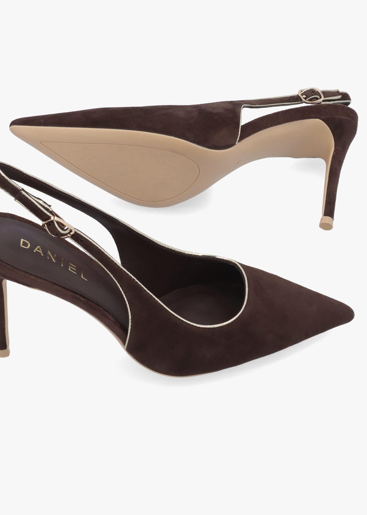 DANIEL Rejoice Brown Suede Piped Trim Sling Back Heeled Court Shoes
