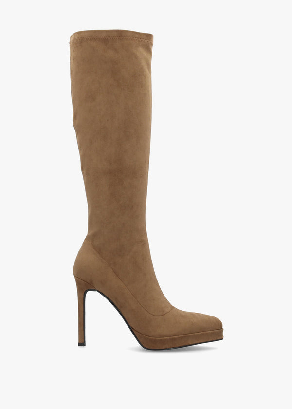 DANIEL Rinny Tan Suedette Platform Heeled Knee Boots