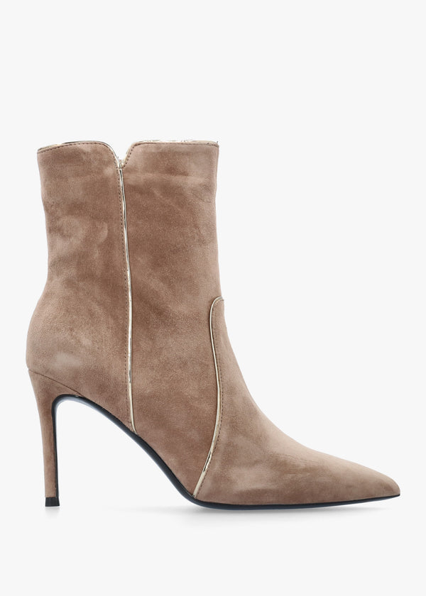 DANIEL Ripen Beige Suede Piped Trim Heeled Ankle Boots
