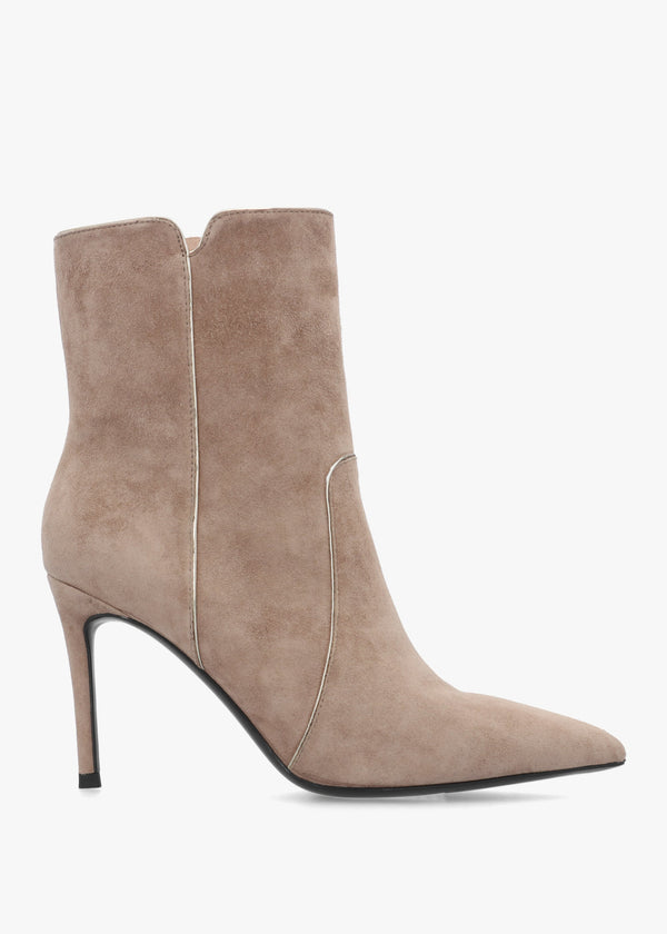 Ripen Beige Suede Piped Trim Heeled Ankle Boots