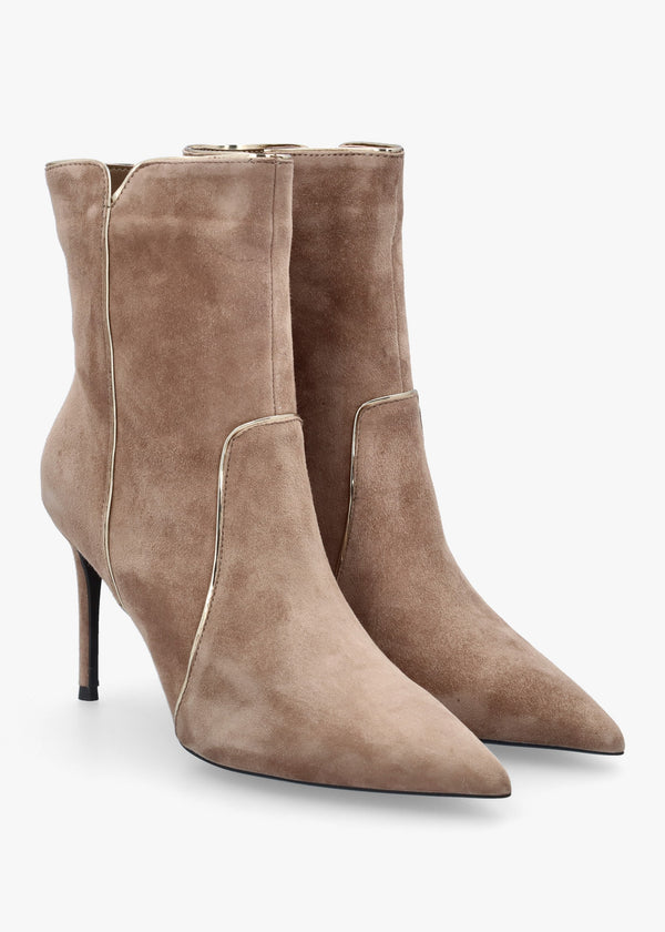 DANIEL Ripen Beige Suede Piped Trim Heeled Ankle Boots