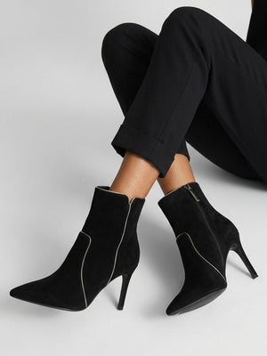 Ripen Black Suede Piped Trim Heeled Ankle Boots