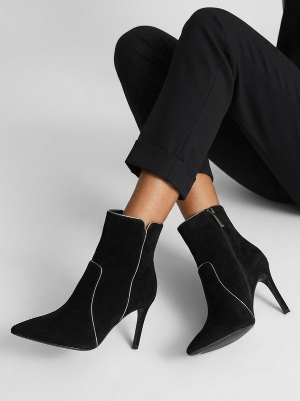 Ripen Black Suede Piped Trim Heeled Ankle Boots