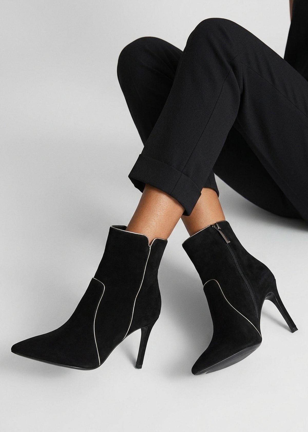 Ripen Black Suede Piped Trim Heeled Ankle Boots