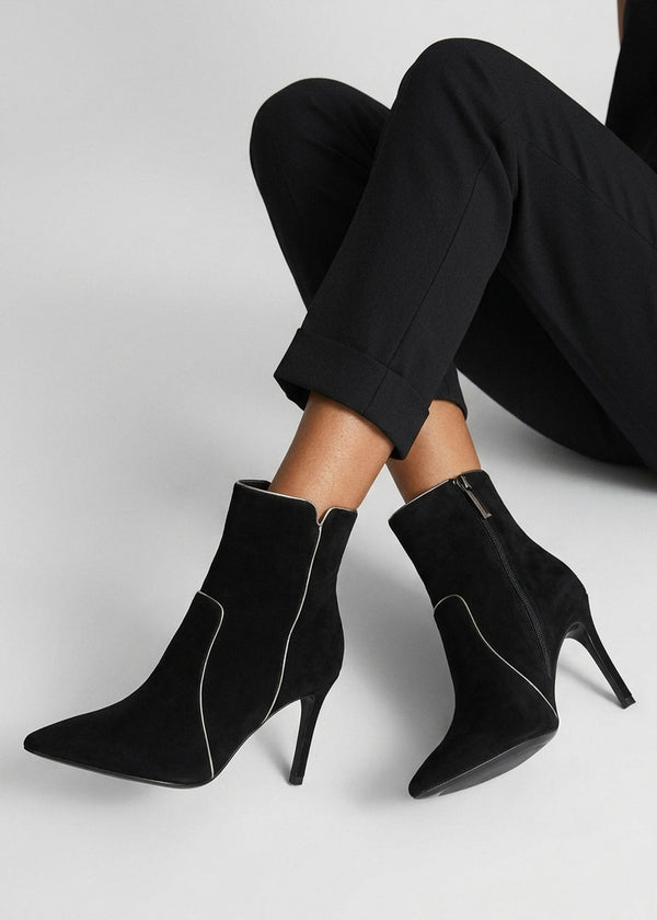 Ripen Black Suede Piped Trim Heeled Ankle Boots
