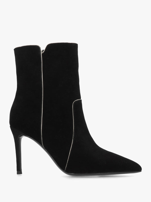Ripen Black Suede Piped Trim Heeled Ankle Boots