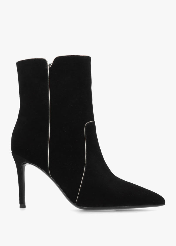 Ripen Black Suede Piped Trim Heeled Ankle Boots