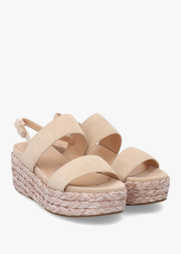 Rosalie Beige Suede Raffia Flatform Sandals
