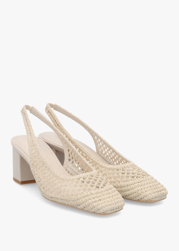 Rosie Beige Woven Sling Back Heeled Court Shoes