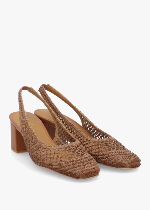 Rosie Tan Woven Sling Back Heeled Court Shoes