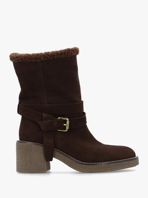 Rustic Brown Suede Block Heel Tall Ankle Boots
