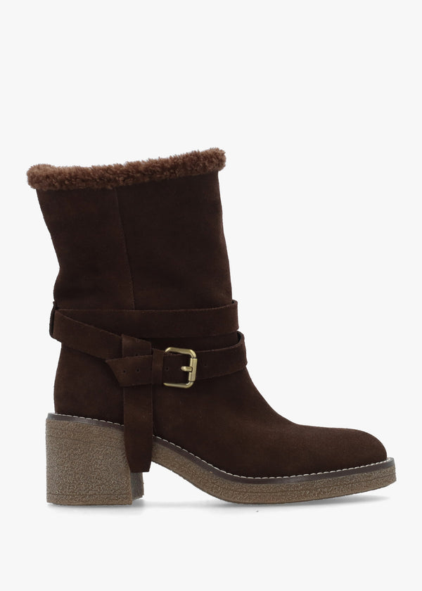 Rustic Brown Suede Block Heel Tall Ankle Boots