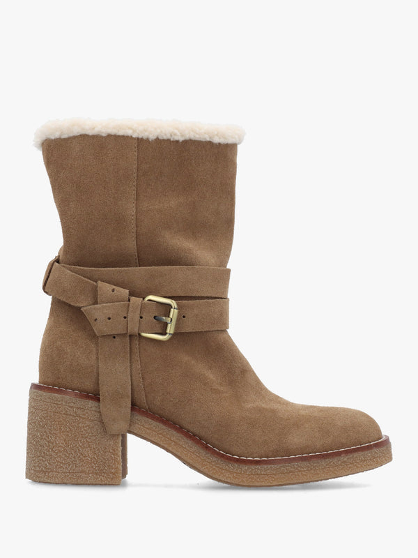 Rustic Tan Suede Block Heel Tall Ankle Boots