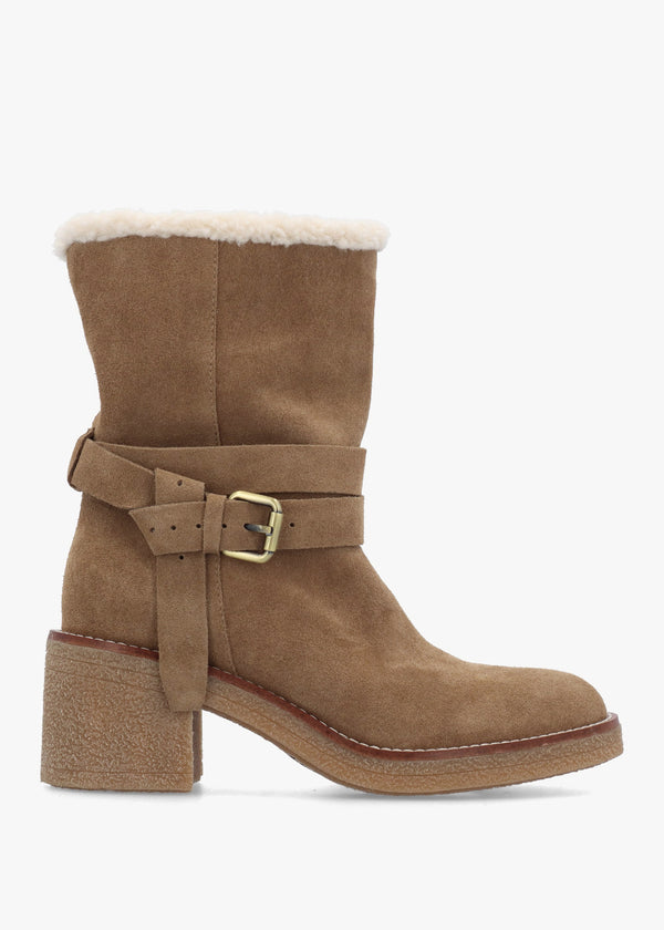 Rustic Tan Suede Block Heel Tall Ankle Boots