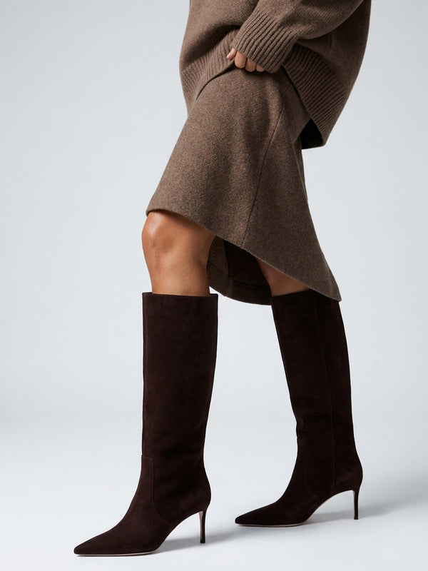 Daniel Saffia Brown Suede Slim Heel Knee Boots