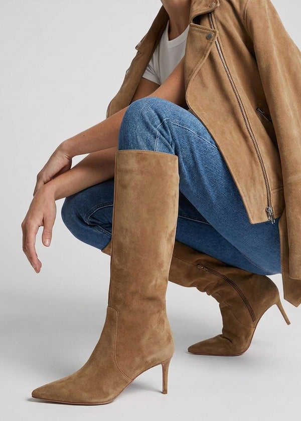 Daniel Saffia Tan Suede Slim Heel Knee Boots