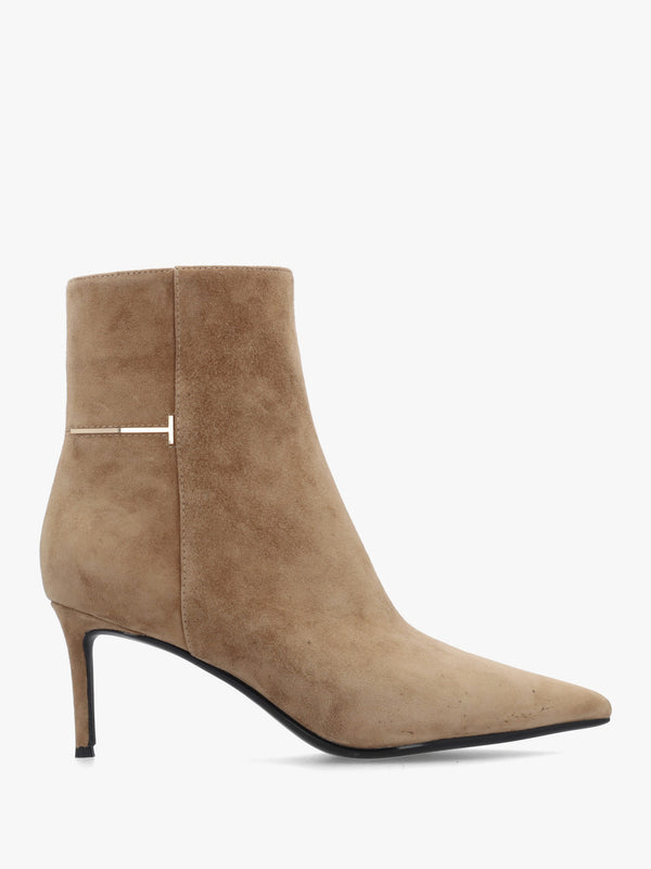 Saintly Beige Suede Mid Heel Ankle Boots
