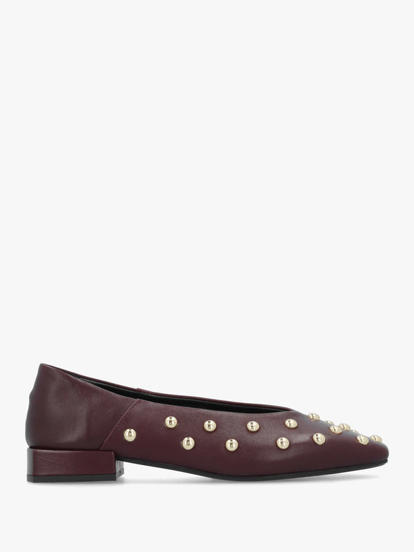Daniel Saria Burgundy Leather Square Toe Studded Ballet Pumps