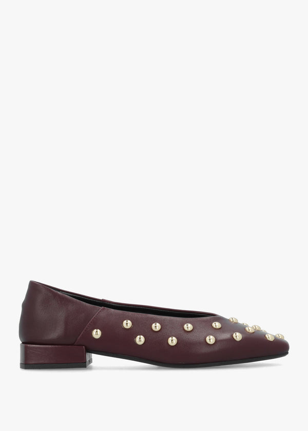 Daniel Saria Burgundy Leather Square Toe Studded Ballet Pumps