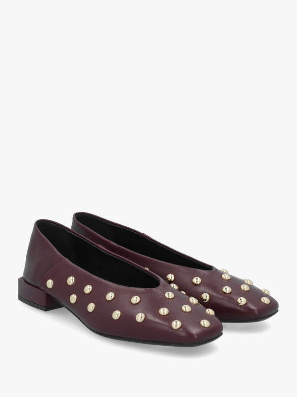 Daniel Saria Burgundy Leather Square Toe Studded Ballet Pumps