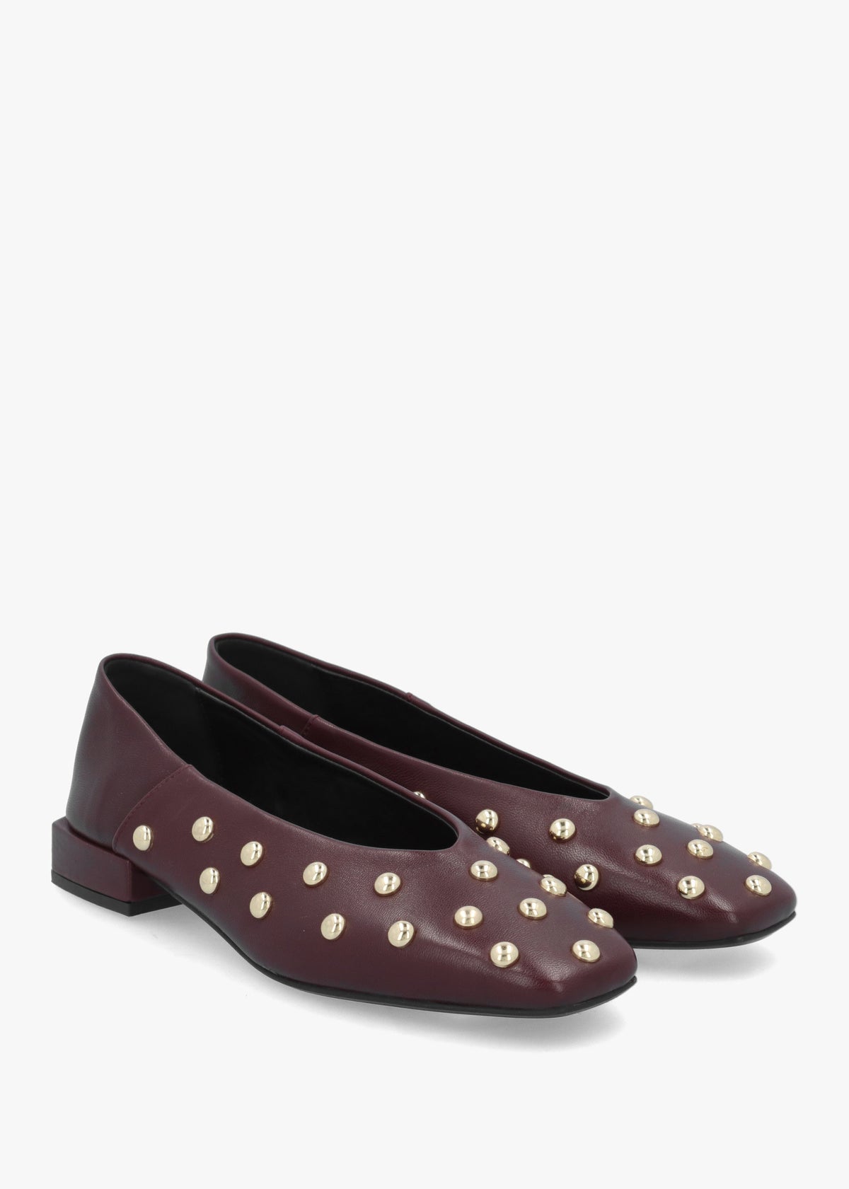 Daniel Saria Burgundy Leather Square Toe Studded Ballet Pumps