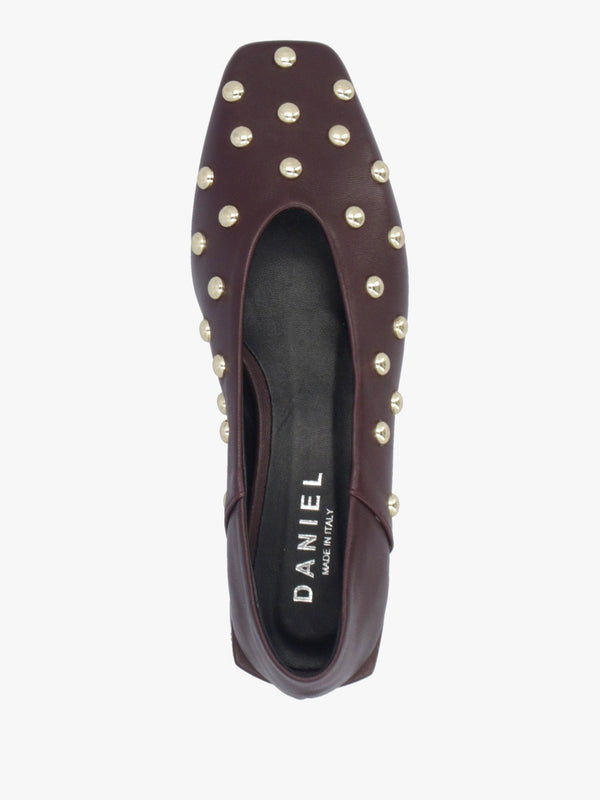 Daniel Saria Burgundy Leather Square Toe Studded Ballet Pumps