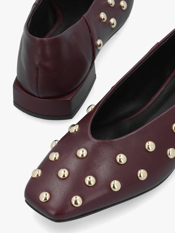 Daniel Saria Burgundy Leather Square Toe Studded Ballet Pumps