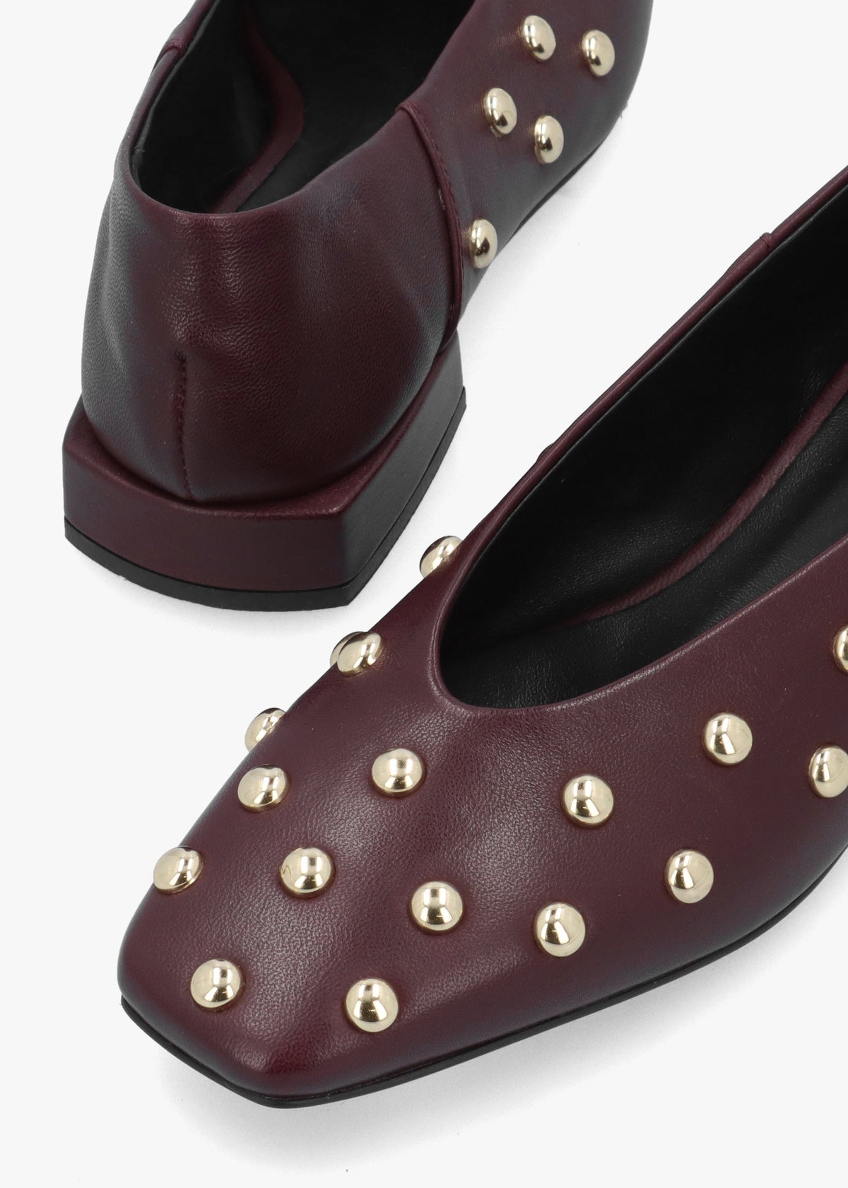 Daniel Saria Burgundy Leather Square Toe Studded Ballet Pumps