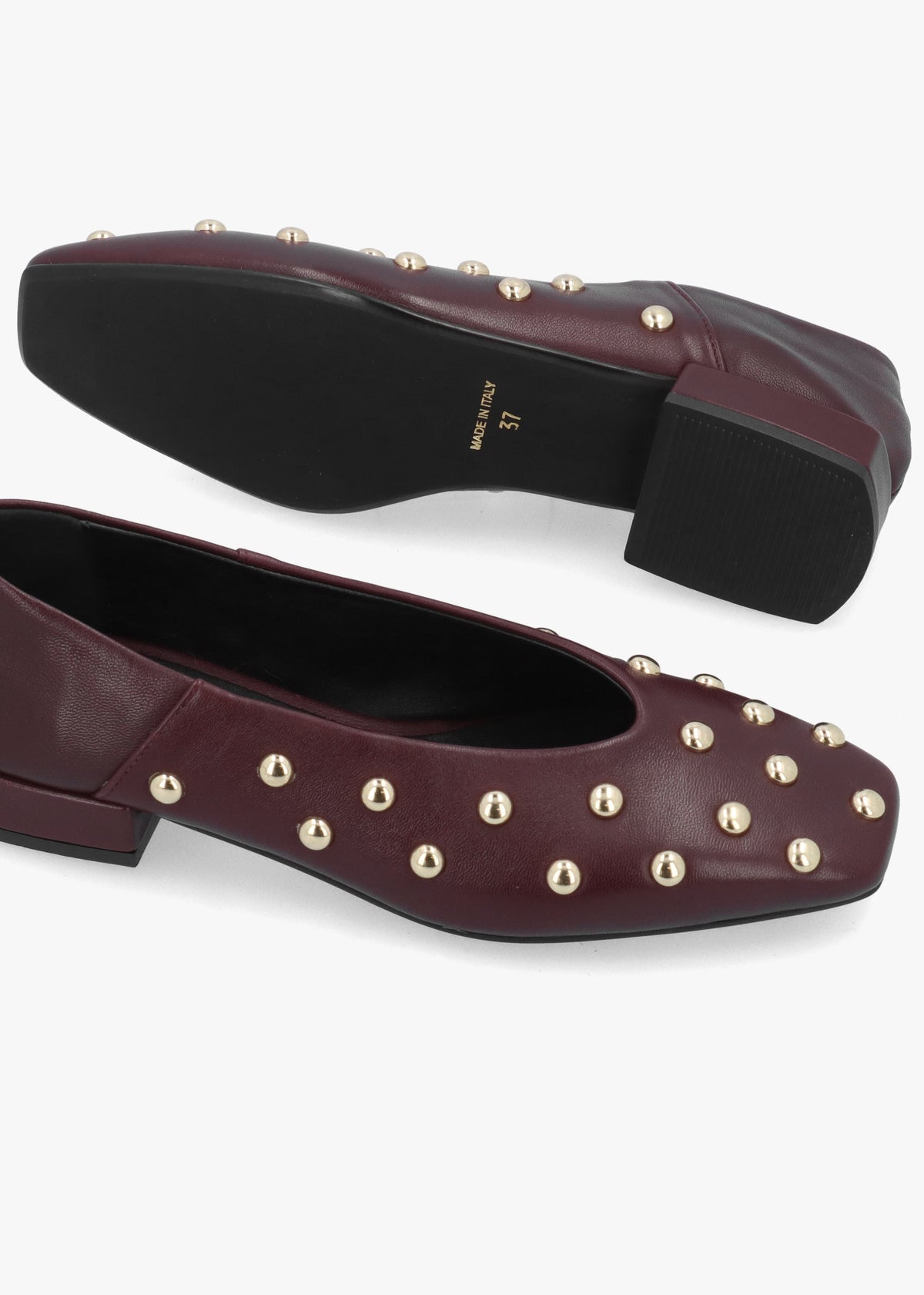 Daniel Saria Burgundy Leather Square Toe Studded Ballet Pumps