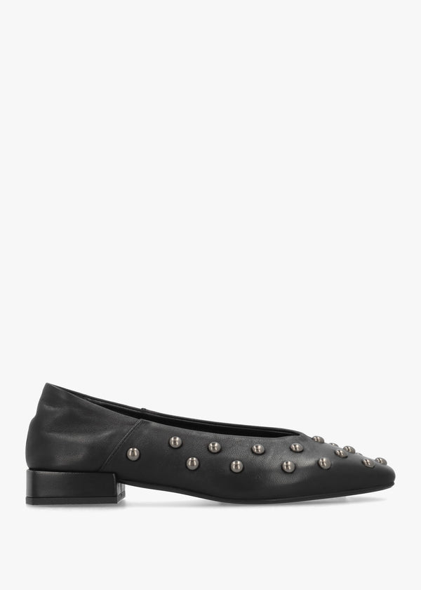 Saria Black Leather Square Toe Studded Ballet Pumps