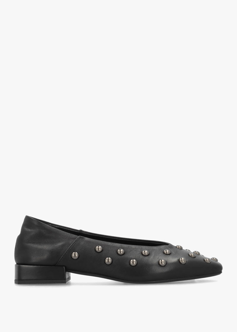Saria Black Leather Square Toe Studded Ballet Pumps