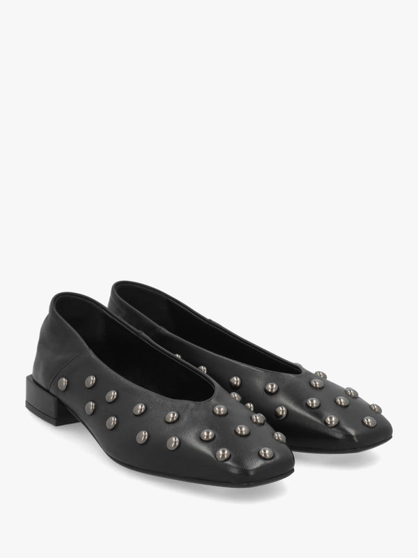 Saria Black Leather Square Toe Studded Ballet Pumps