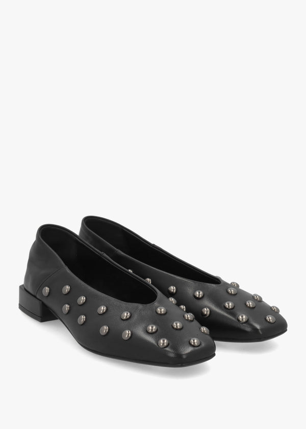 Saria Black Leather Square Toe Studded Ballet Pumps