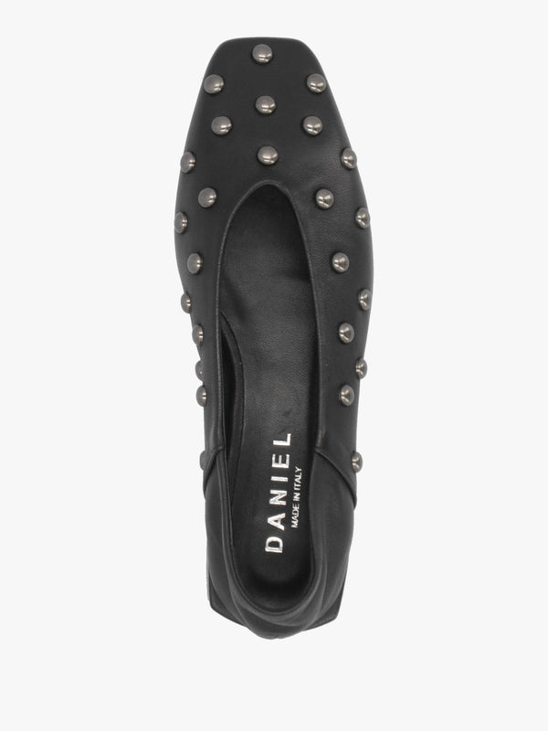 Saria Black Leather Square Toe Studded Ballet Pumps