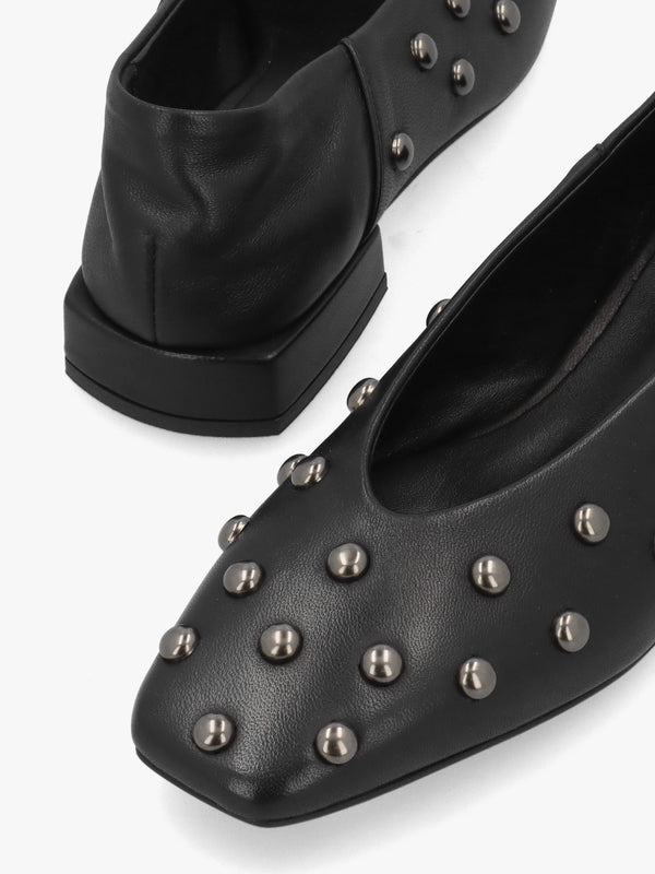 Saria Black Leather Square Toe Studded Ballet Pumps